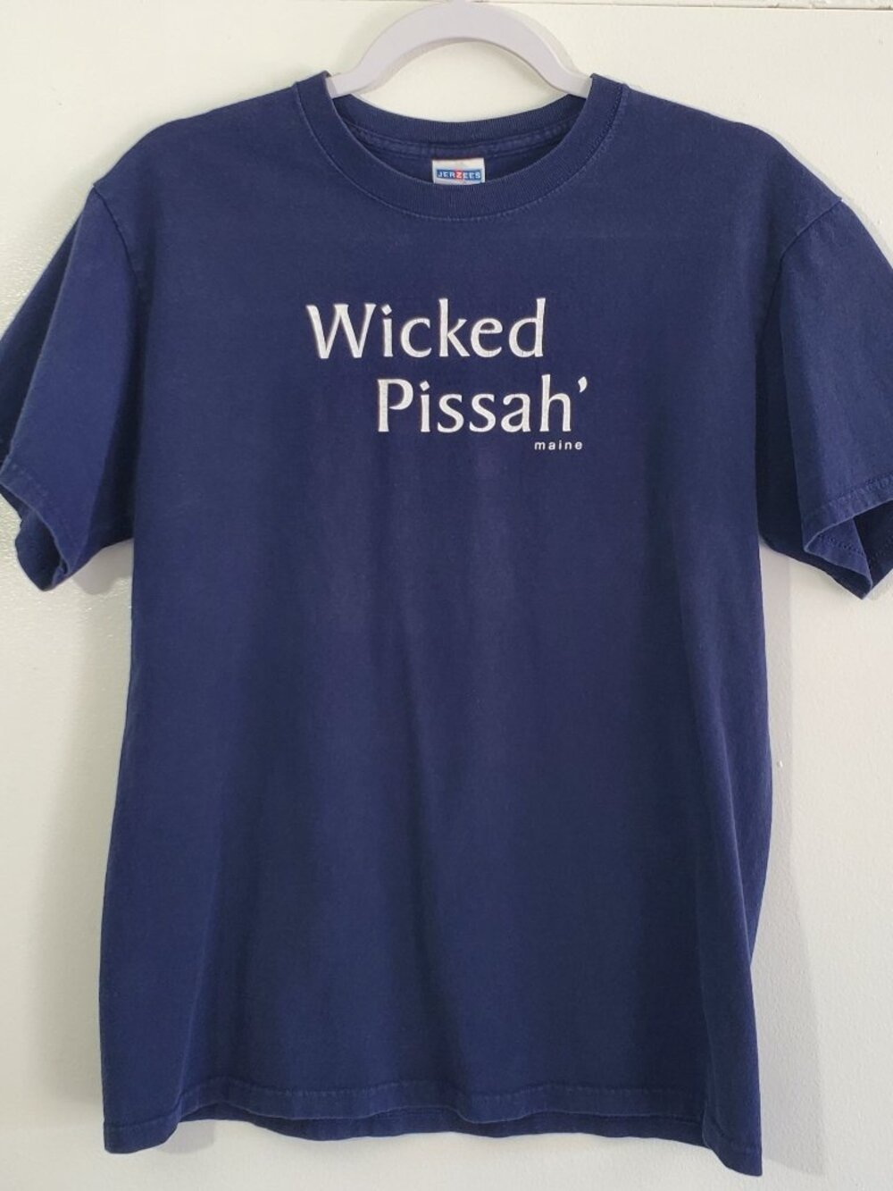Vintage 90s Jerzees "Wicked Pissah'" Maine Slang T-Shirt Navy Blue XL Pre-owned